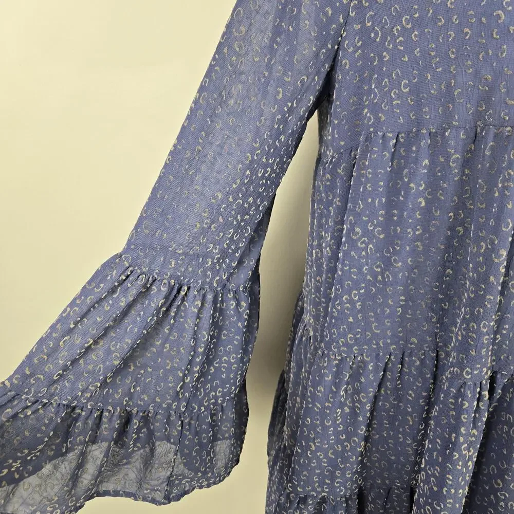 Altar'd State Dress Womens Large Blue Animal Print Bell Sleeve Tiered Trapeze